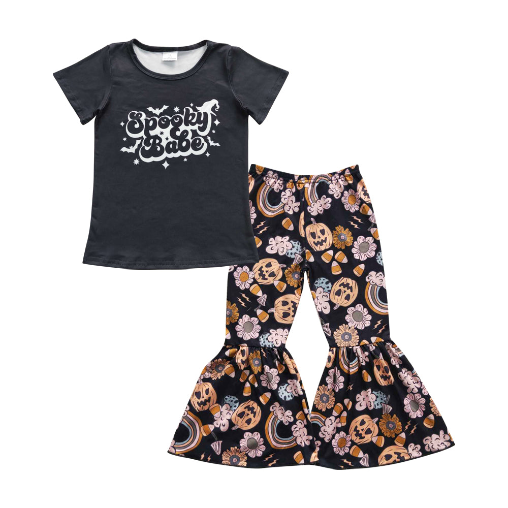 GSPO0667 Spooky babe black top flowers pumpkin bell pants Halloween outfits