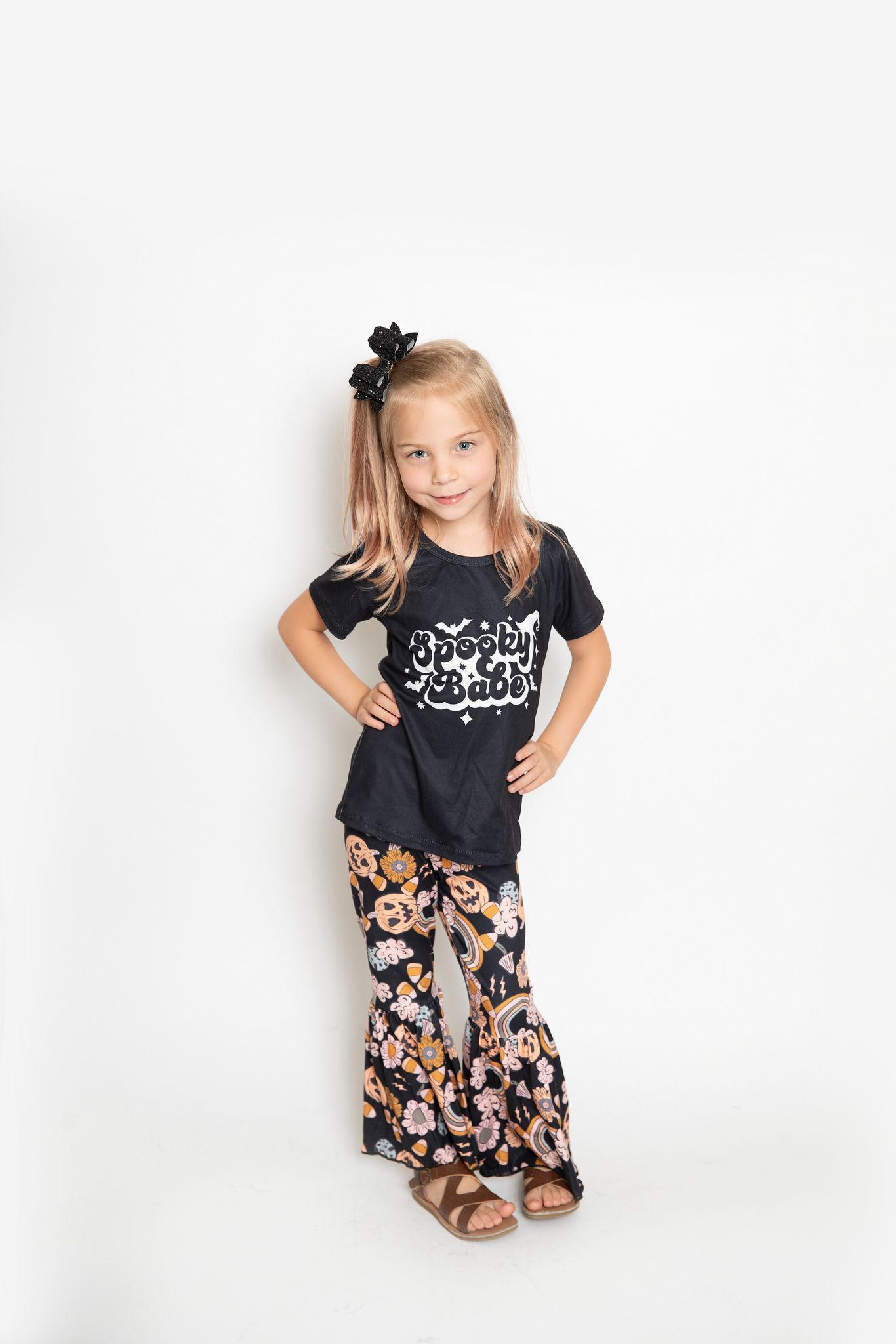 GSPO0667 Spooky babe black top flowers pumpkin bell pants Halloween outfits