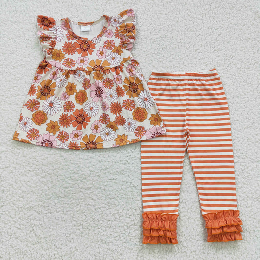 GSPO0674 Flutter sleeves orange flowers stripes legging pants fall clothes set