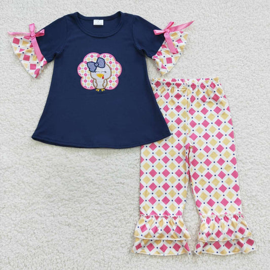 GSPO0675 Short sleeves turkey embroidery navy top pink plaid pants girls fall clothes set