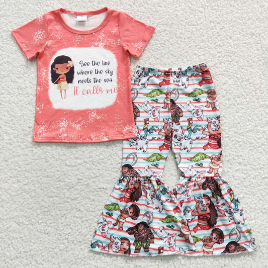 GSPO0677 Orange top pig cartoon bell bottom pants girls clothes set