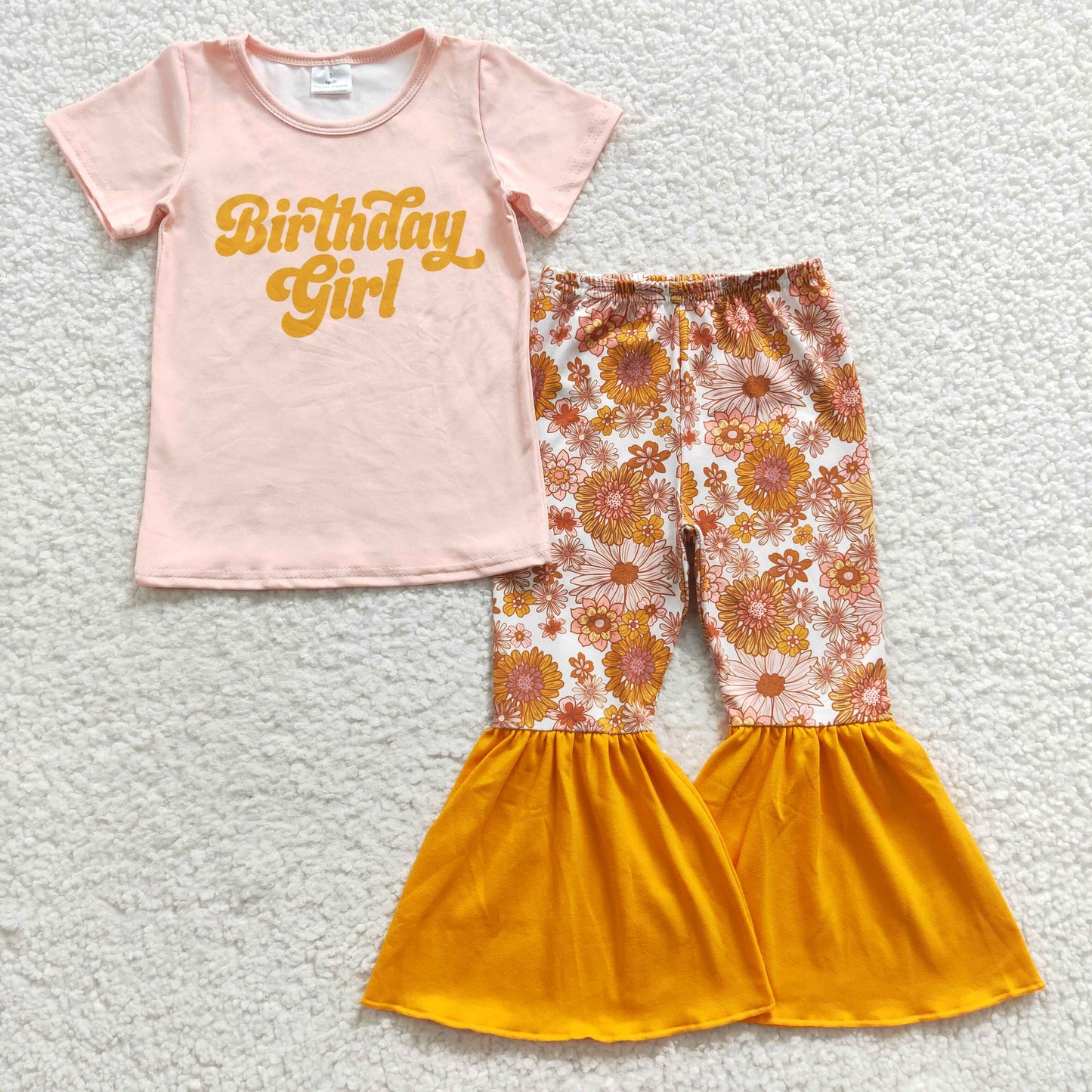 GSPO0680 Birthday girl pink top flowers bell bottom pants girls outfits