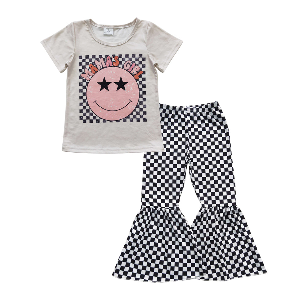 GSPO0682 Girls smiling print top black gingham bell bottom pants outfits