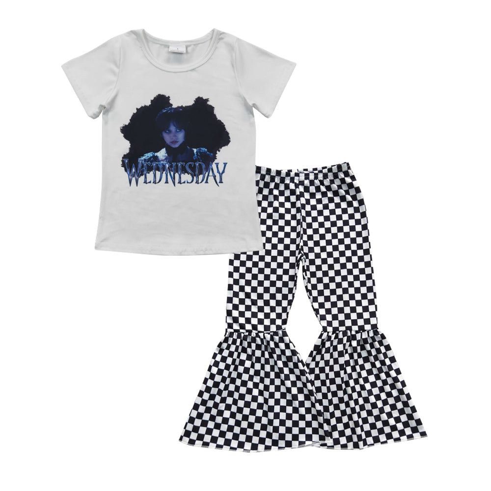 GSPO0683 Wednesday girl top black gingham bell bottom pants girls clothes set