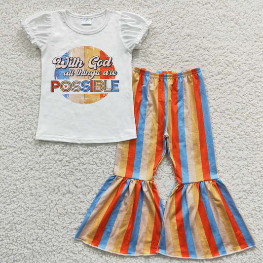 GSPO0684 Possible top stripes bell bottom pants girls clothing sets