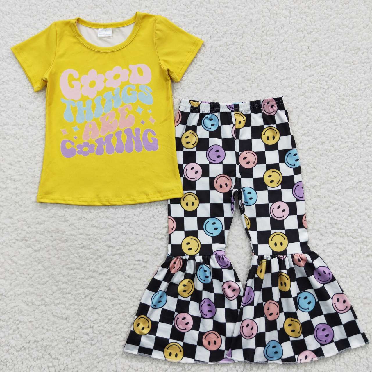 GSPO0685 Good things are coming yellow top smiling bell pants girls clothing sets