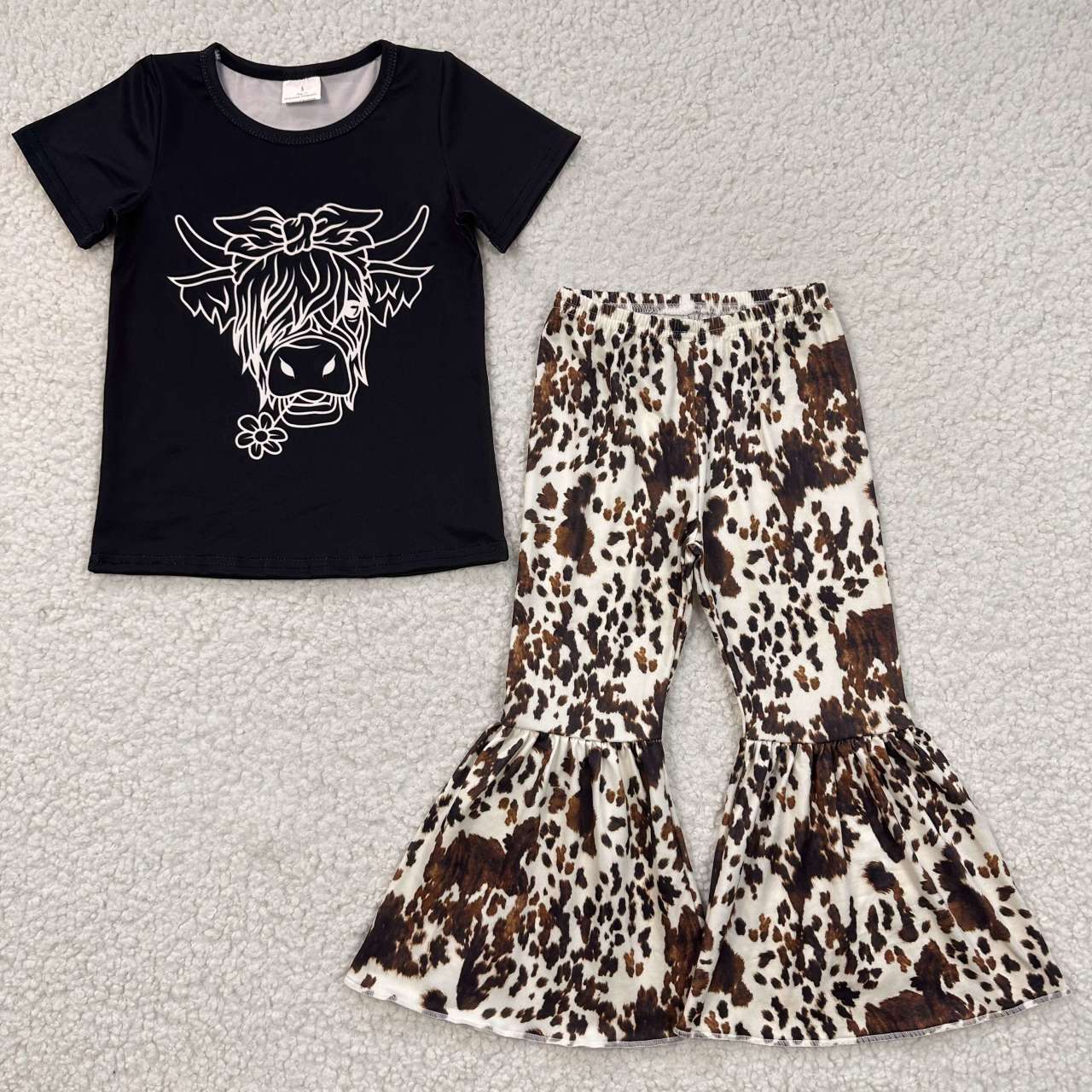 GSPO0686 Highland cow black top cow bell pants girls clothing sets