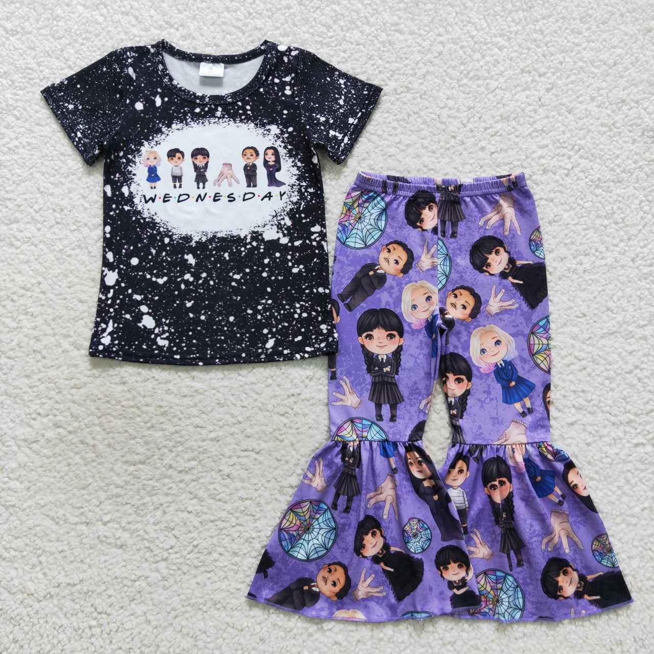 GSPO0688 Black Wednesday design top purple bell pants girls clothes set