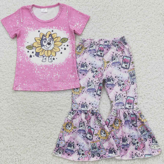 GSPO0689 Hot pink cartoon dog flowers girls clothes set