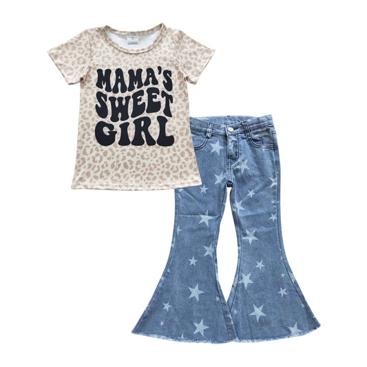 GSPO0690 Mama's sweet girl leopard top star denim bell jeans girls clothes set