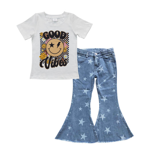 GSPO0691 Good V smiling top star denim bell jeans girls clothes set