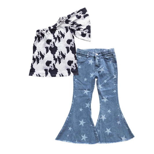 GSPO0692 One shoulder black cow print top star denim bell jeans girls western clothes set