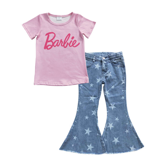 GSPO0693 Girls pink BA short sleeve top star denim bell jeans clothing sets