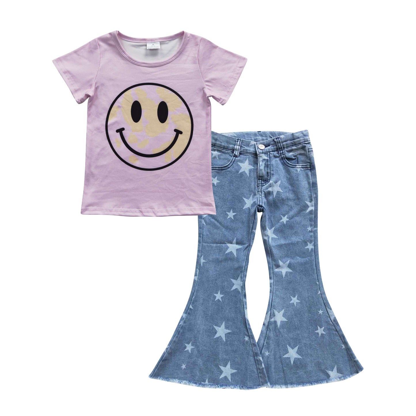 GSPO0694 Pink smiling top star denim bell jeans clothing sets