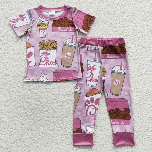 GSPO0696 Pink chicken design girls short sleeve pajamas