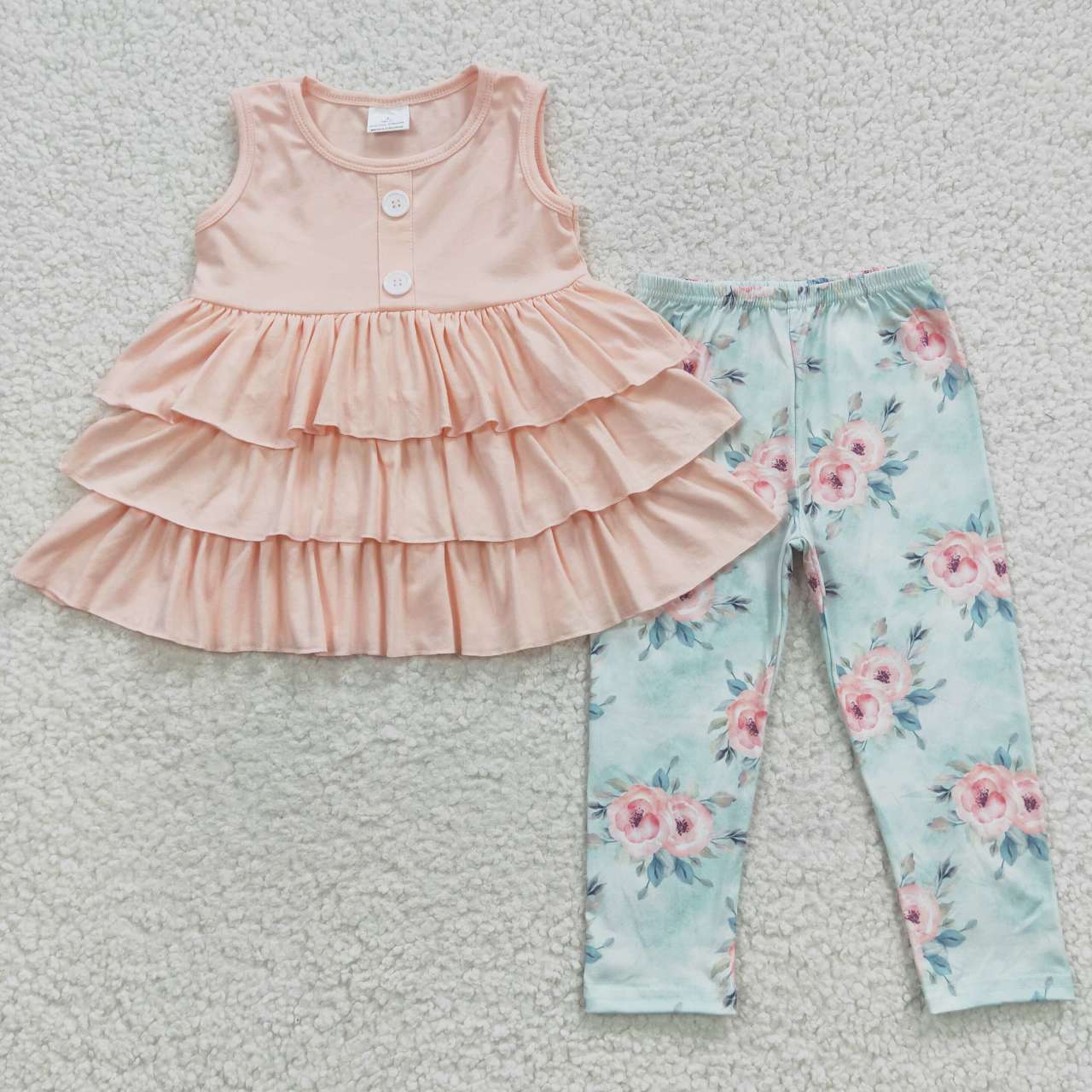 GSPO0697 Pink cotton ruffles tunic top flowers legging pants girls clothes