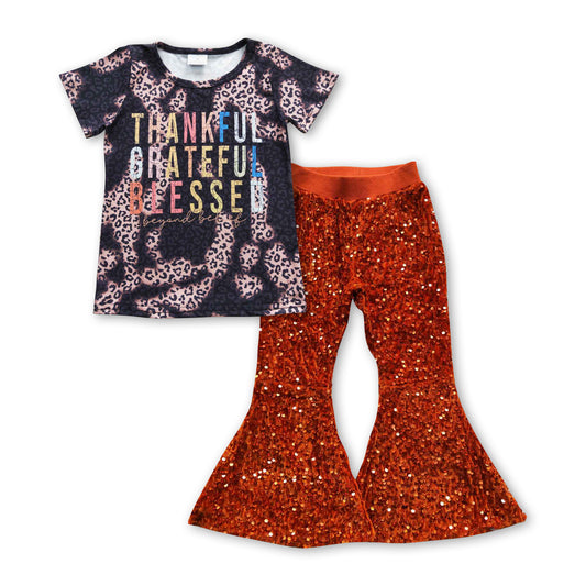 GSPO0705 Thankful grateful blessed girls black leopard fall top dark orange sequin bell bottom pants outfits