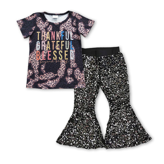 GSPO0706 Thankful grateful blessed girls black leopard fall top black sequin bell bottom pants outfits