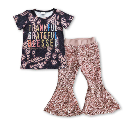 GSPO0707 Thankful grateful blessed girls black leopard fall top pink sequin bell bottom pants outfits
