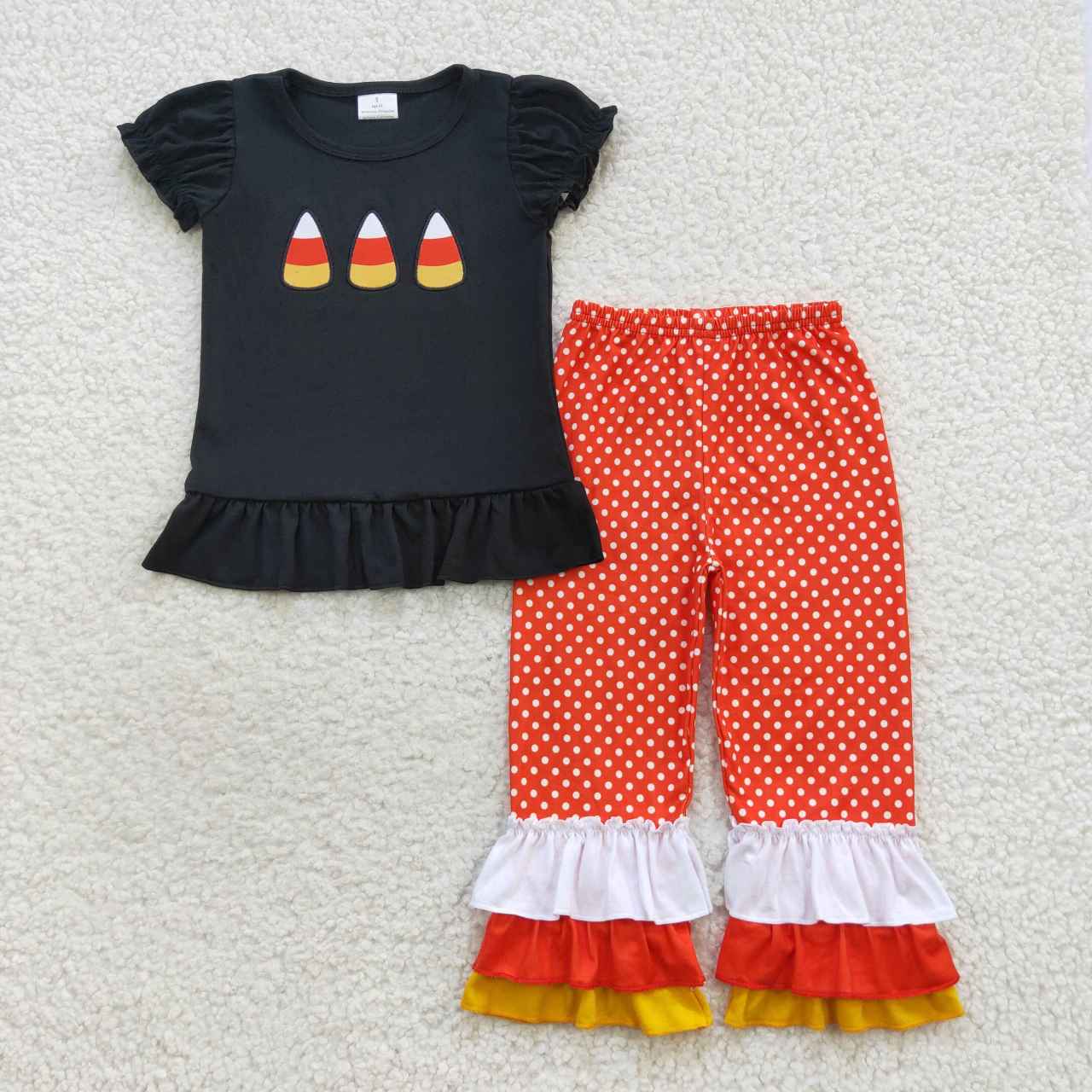 GSPO0709 Black candy embroidery print top orange plaid pants girls Halloween outfits