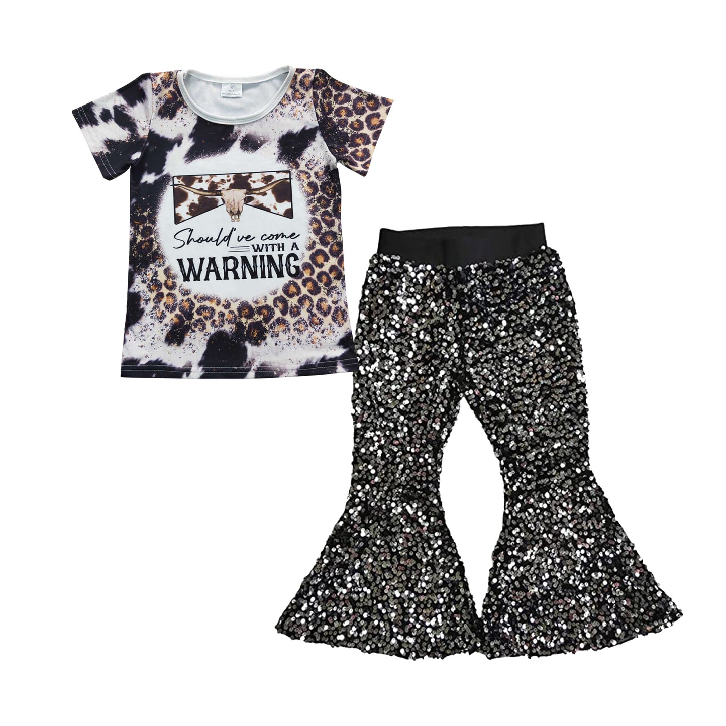 GSPO0711 Girls leopard top black sequined bell bottom pants western clothes set