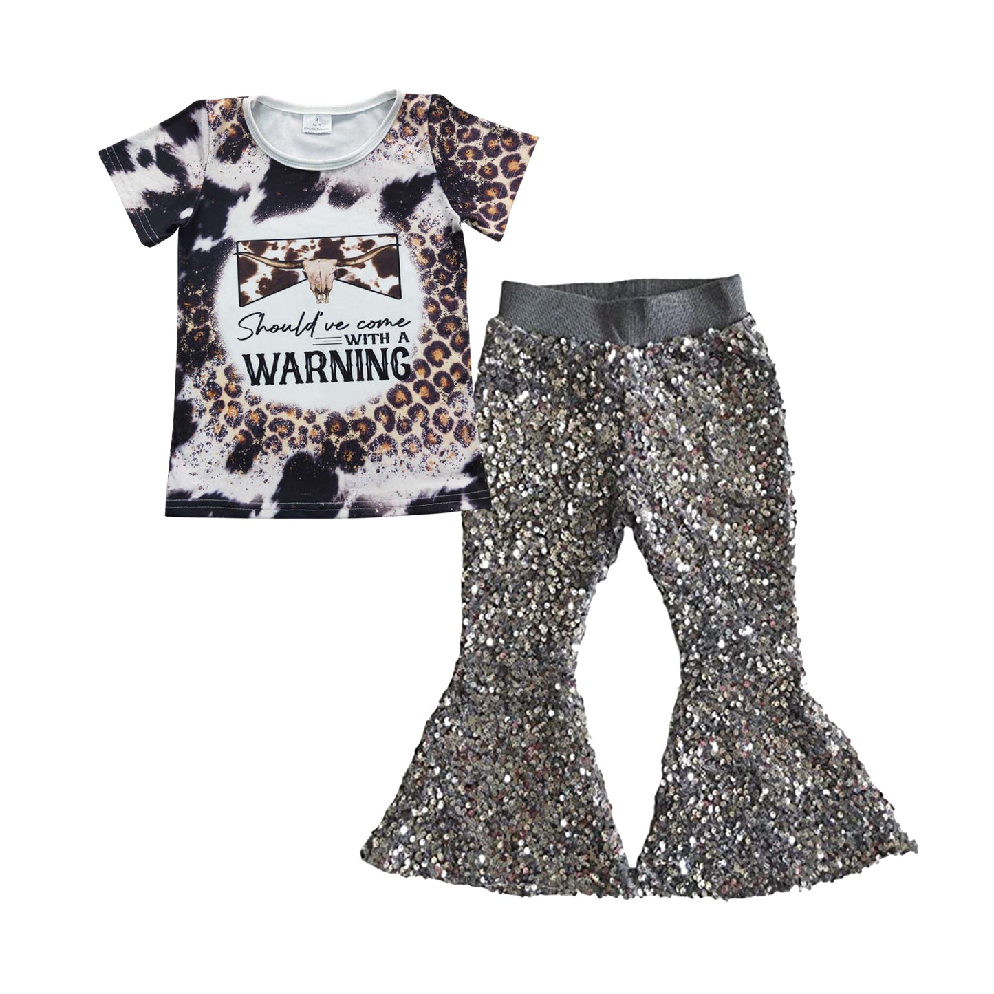 GSPO0712 Girls leopard top grey sequined bell bottom pants western clothes set