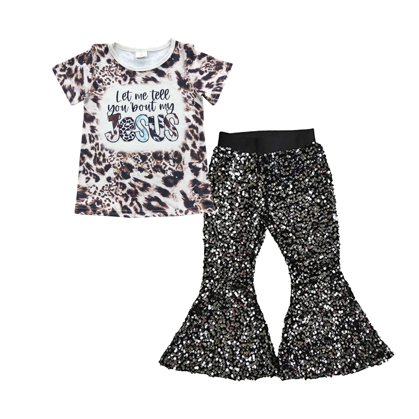 GSPO0713 Girls jesus leopard top black sequined bell bottom pants western clothes set