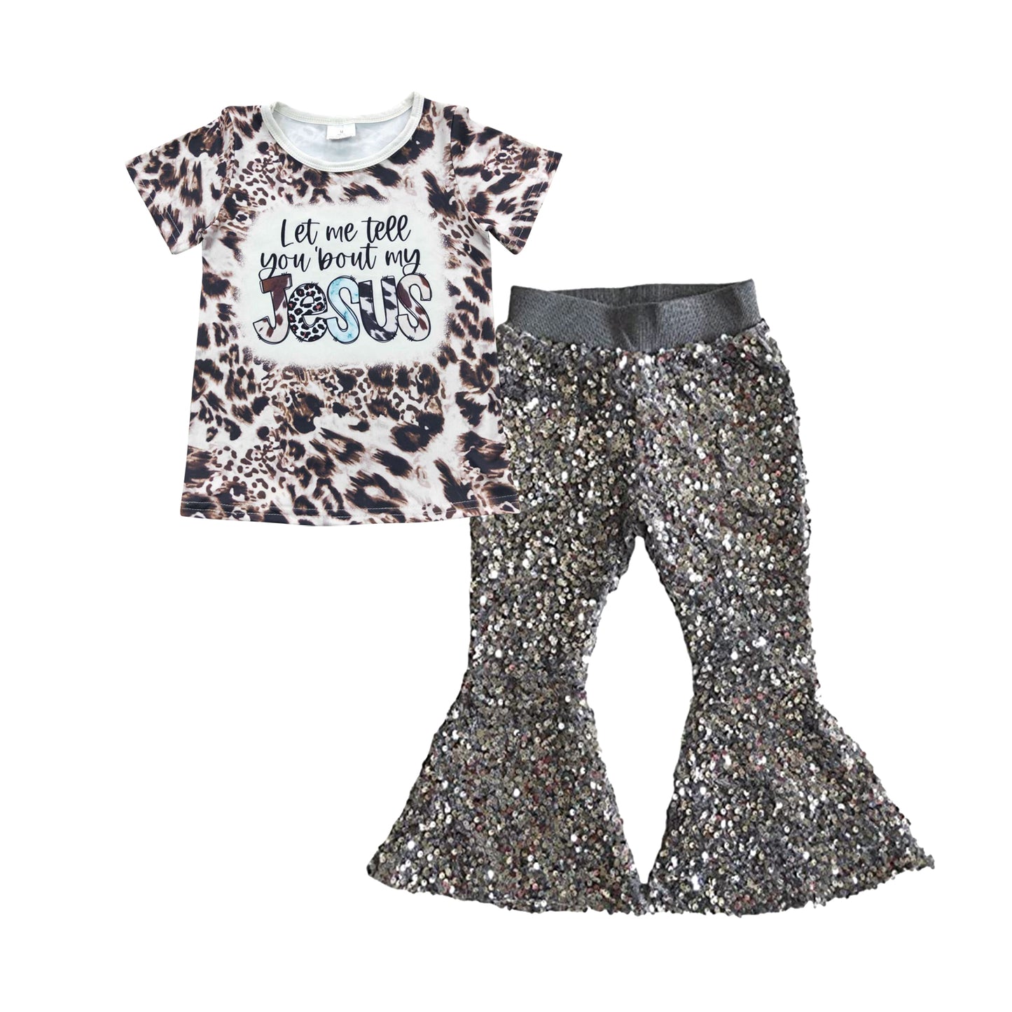 GSPO0714 Girls jesus leopard top grey sequined bell bottom pants western clothes set