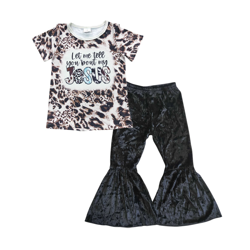 GSPO0716 Girls jesus leopard top black velvet bell bottom pants clothes set