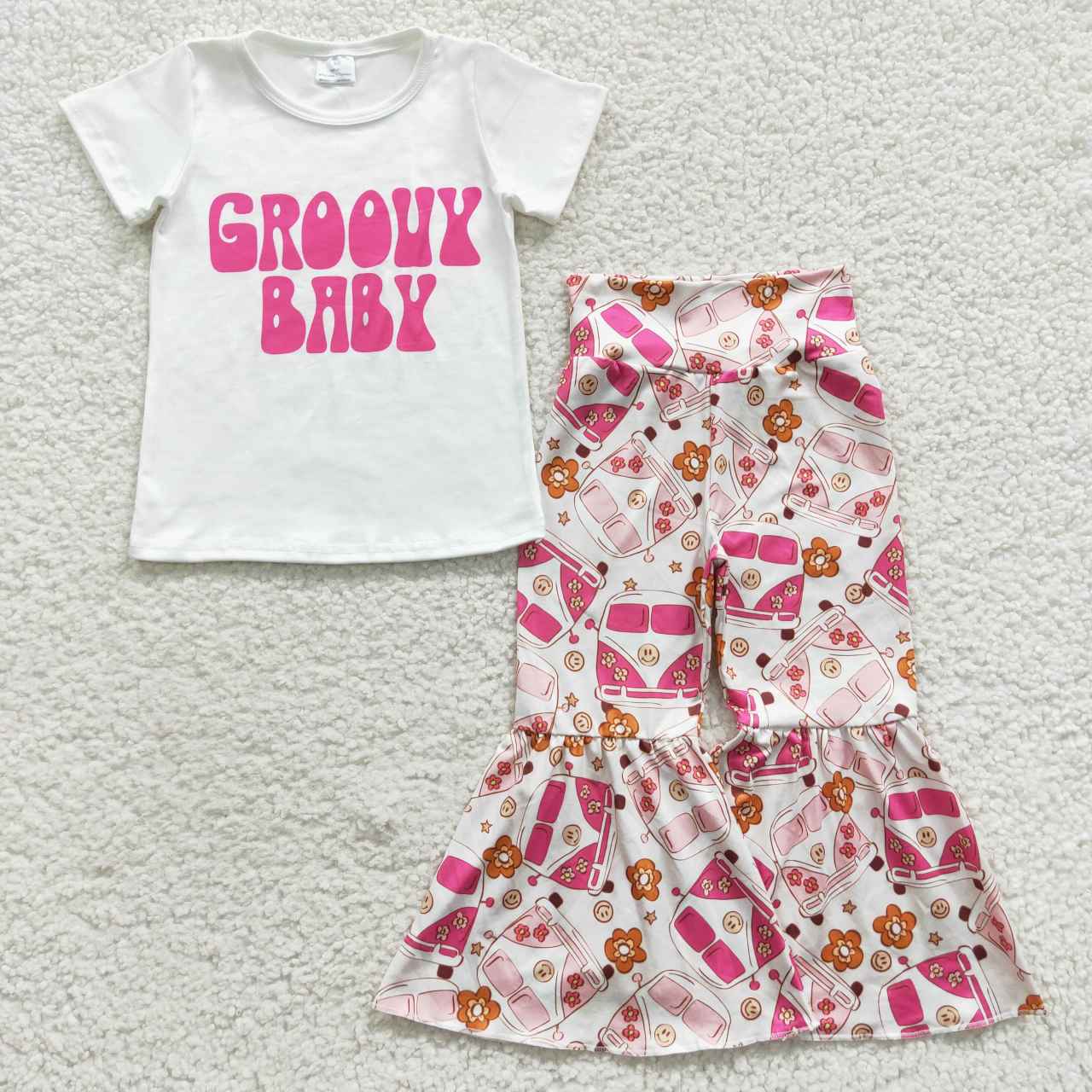 GSPO0718 Hot pink baby girls flowers smiling bell pants clothes set