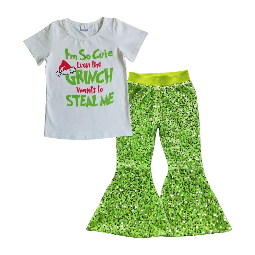 GSPO0721 Christmas top green sequin bell bottom pants girls clothes set