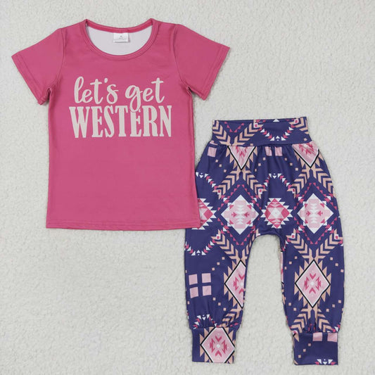 GSPO0727 Let's get western pink top aztec pants girls clothes set