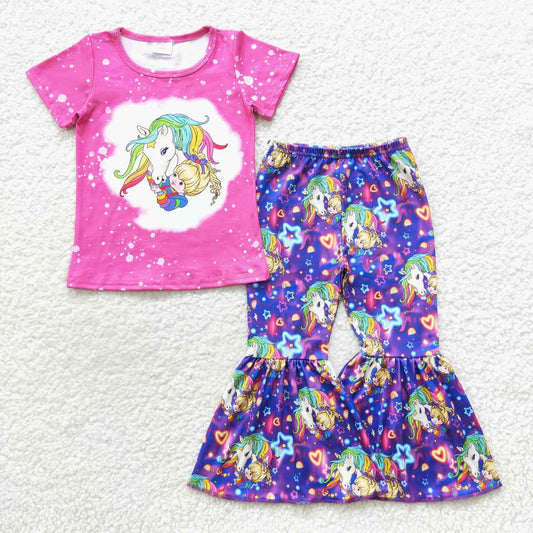 GSPO0730 Purple cartoon unicorn girls bell pants clothes set