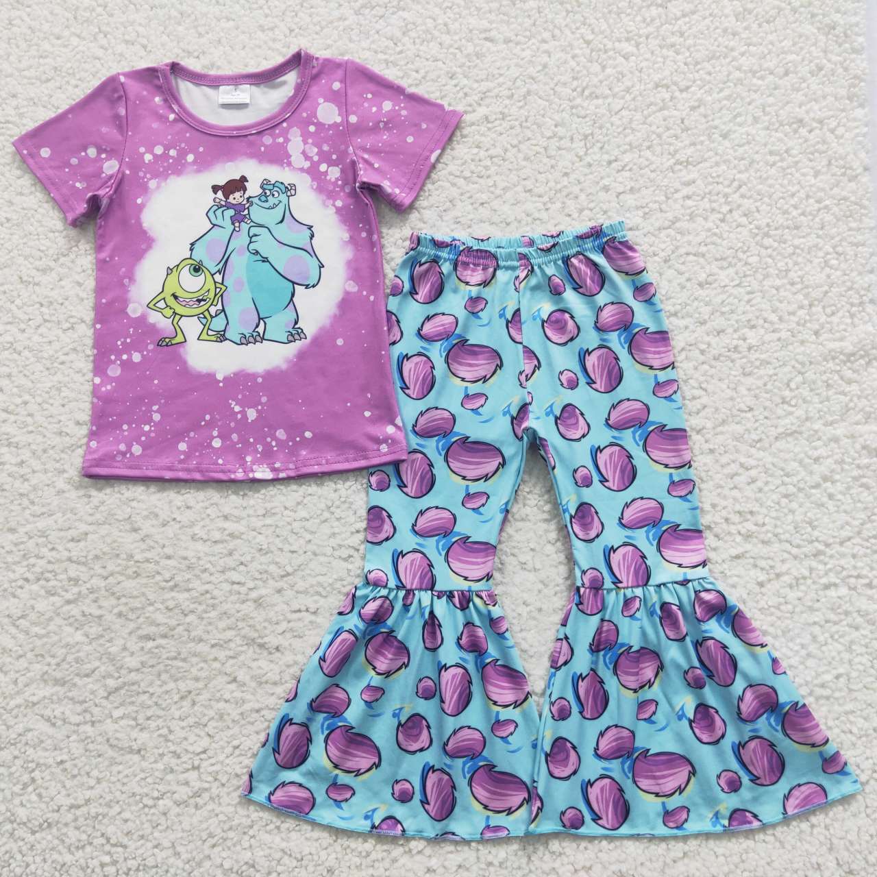 GSPO0731 Purple cartoon monster short sleeve bell pants girls clothes set