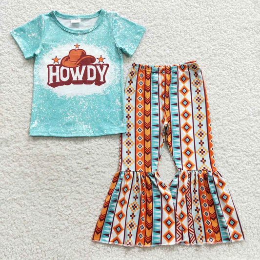 GSPO0735 Howdy blue top aztec bell pants girls western clothes set