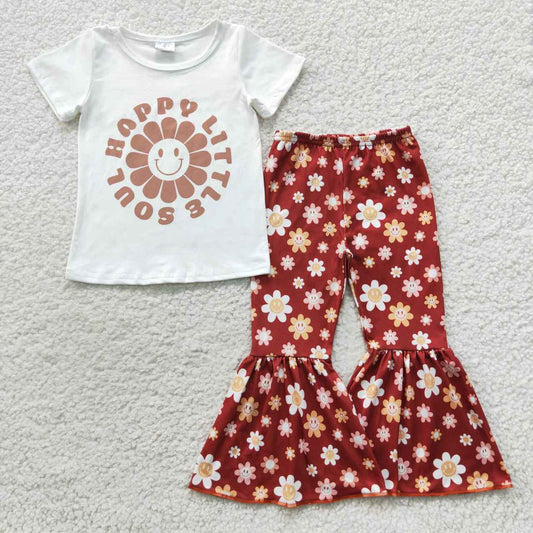 GSPO0752 Happy little soul top flowers bell pants girls clothes set