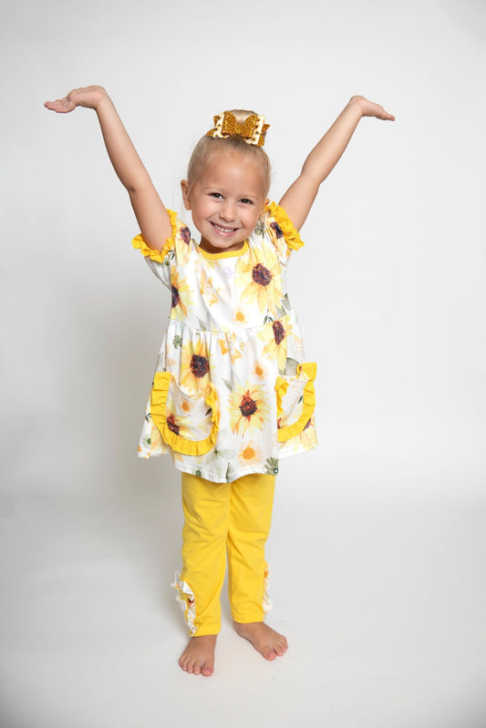 GSPO0755 Sunflowers tunic pockets top legging pants girls clothes set