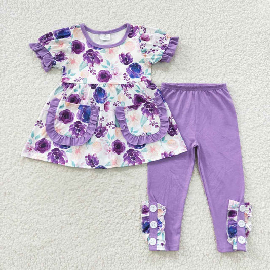 GSPO0756 Purple flowers tunic pockets top legging pants girls clothes set