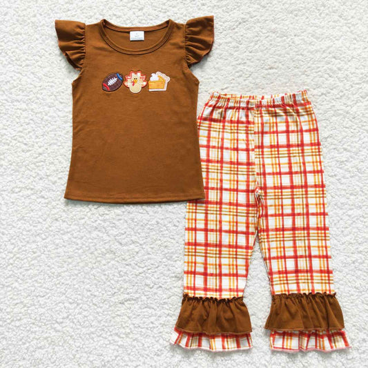 GSPO0759 Turkey embroidery top plaid pants girls Thanksgiving clothes set