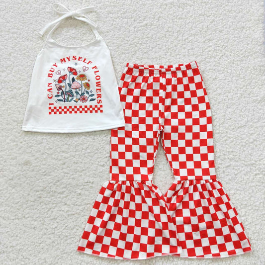 GSPO0761 Halter flowers mushroom top red plaid bell pants girls clothes set