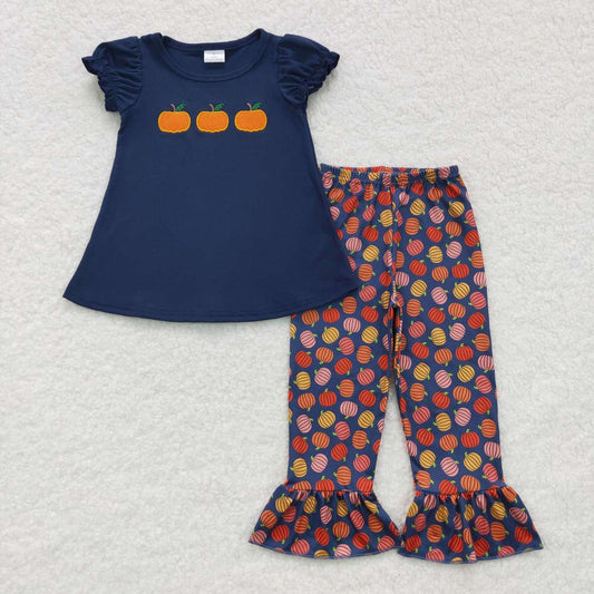 GSPO0762 Navy pumpkin embroidery top ruffle pants girls fall clothes set