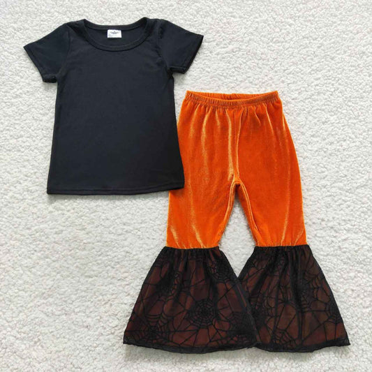 GSPO0772 Black cotton top orange velvet spider web ruffle bell pants girls Halloween clothes set