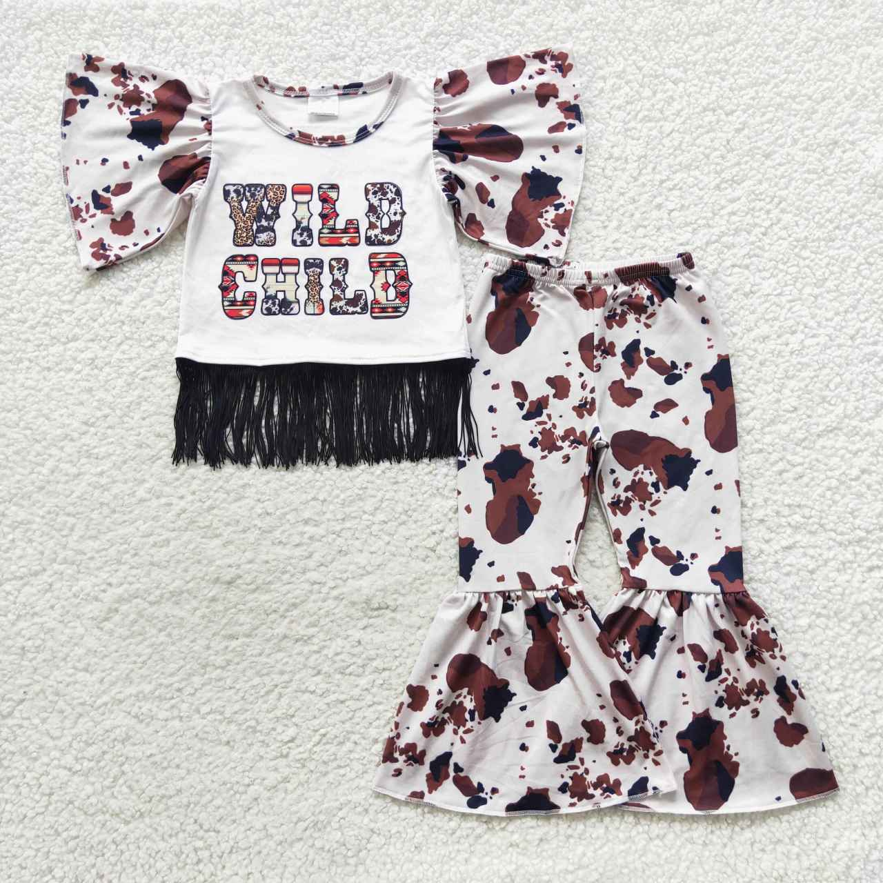 GSPO0773 Brown cow print wild child tassels top bell pants girls clothes set