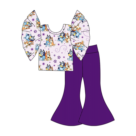 (Custom Design MOQ 5) Caroon Dog Purple Bell Pants Girls Clothes Set