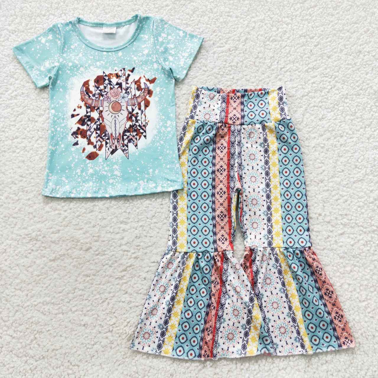 7 Colors Cow Skull Western Print Bell Pants Girls Clothes Set