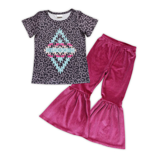 GSPO0778 Black leopard aztec print top hot pink velvet bell pants girls western clothes set