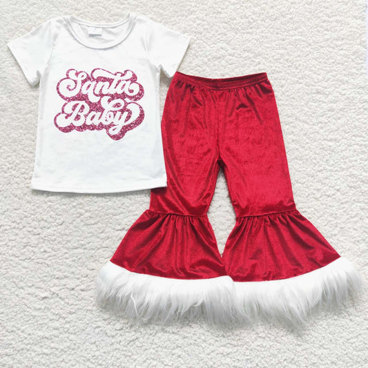 GSPO0791 Girls Christmas Santa top velvet fur bell pants clothes set