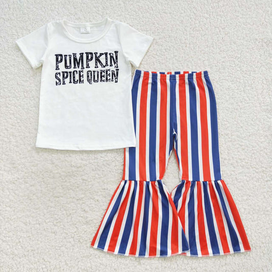 GSPO0794 Pumpkin spice queen top stripes bell pants girls clothes set