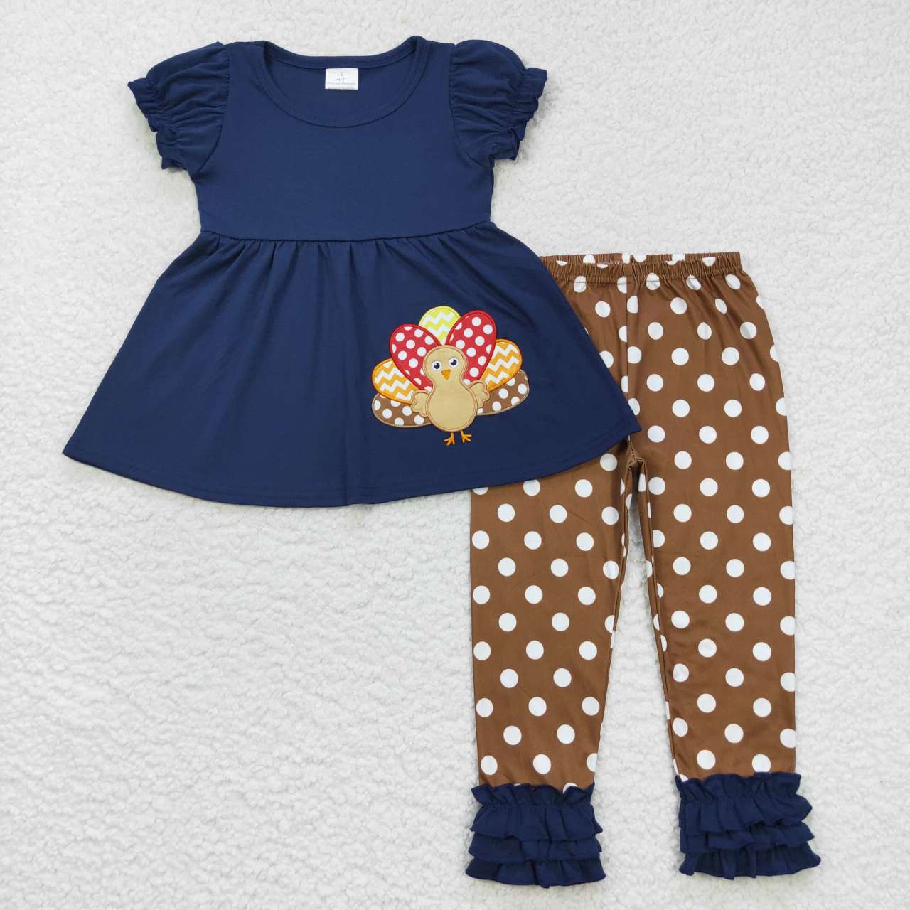GSPO0795 Turkey embroidery navy tunic top dots ruffles pants girls Thanksgiving clothes set