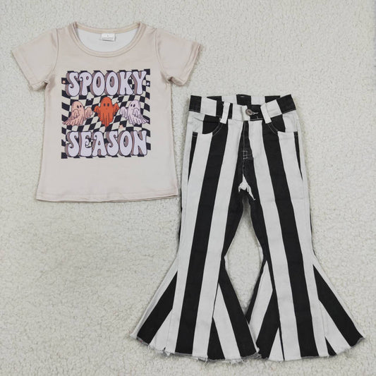 GSPO0805 Spooky season ghost top black stripes print bell bottom jeans girls Halloween clothes set